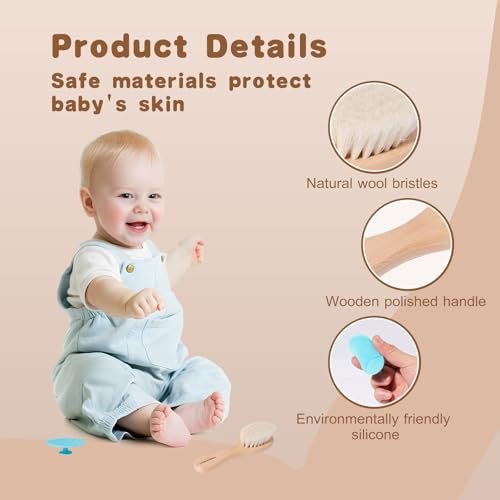 SAMEBUTECO Baby Haarbürsten Set, 3-in-1 Kit, 1 Pack Ziegenhaarbürste, 2 Stück Silikon-Wiegenkappenbürsten, Holzgriff, Neugeborenenbürste für Neugeborene und Kleinkinder