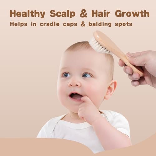 SAMEBUTECO Baby Haarbürsten Set, 3-in-1 Kit, 1 Pack Ziegenhaarbürste, 2 Stück Silikon-Wiegenkappenbürsten, Holzgriff, Neugeborenenbürste für Neugeborene und Kleinkinder