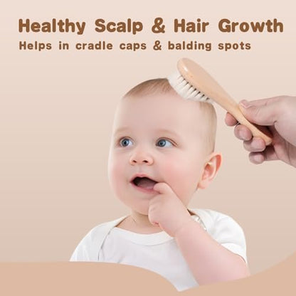 SAMEBUTECO Baby Haarbürsten Set, 3-in-1 Kit, 1 Pack Ziegenhaarbürste, 2 Stück Silikon-Wiegenkappenbürsten, Holzgriff, Neugeborenenbürste für Neugeborene und Kleinkinder