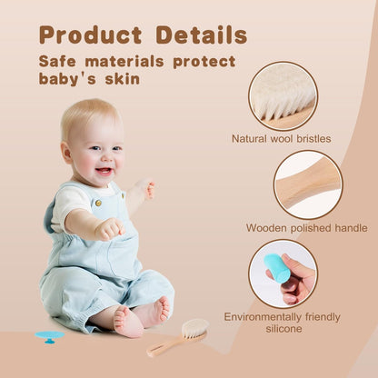 SAMEBUTECO Baby Haarbürsten Set, 3-in-1 Kit, 1 Pack Ziegenhaarbürste, 2 Stück Silikon-Wiegenkappenbürsten, Holzgriff, Neugeborenenbürste für Neugeborene und Kleinkinder