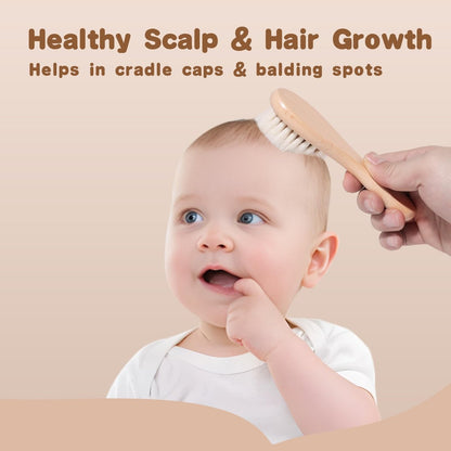 SAMEBUTECO Baby Haarbürsten Set, 3-in-1 Kit, 1 Pack Ziegenhaarbürste, 2 Stück Silikon-Wiegenkappenbürsten, Holzgriff, Neugeborenenbürste für Neugeborene und Kleinkinder