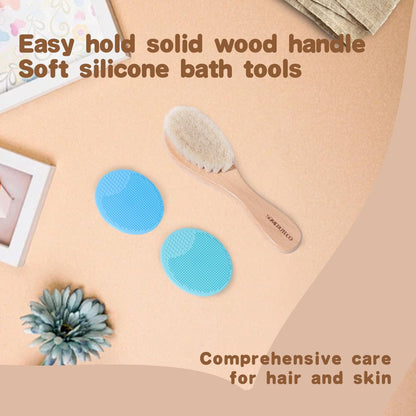 SAMEBUTECO Baby Haarbürsten Set, 3-in-1 Kit, 1 Pack Ziegenhaarbürste, 2 Stück Silikon-Wiegenkappenbürsten, Holzgriff, Neugeborenenbürste für Neugeborene und Kleinkinder