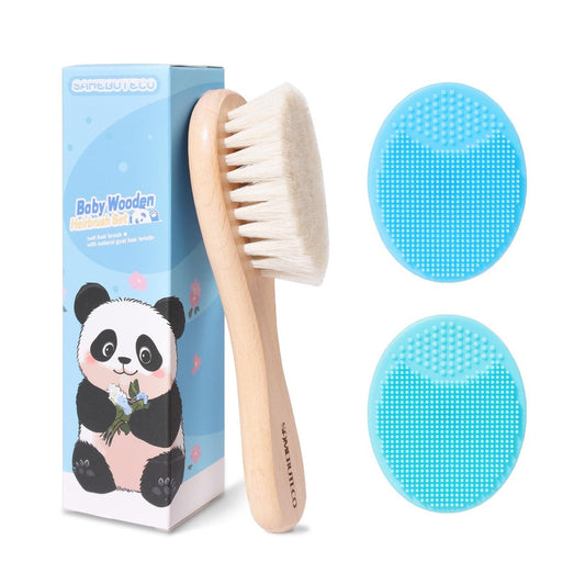 SAMEBUTECO Baby Haarbürsten Set, 3-in-1 Kit, 1 Pack Ziegenhaarbürste, 2 Stück Silikon-Wiegenkappenbürsten, Holzgriff, Neugeborenenbürste für Neugeborene und Kleinkinder