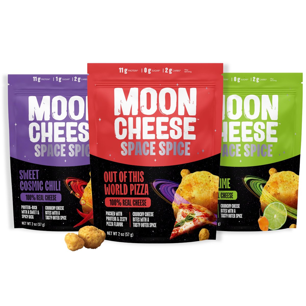 Moon Cheese Space Spice, Sortenpaket, Knuspriger, proteinreicher Käsesnack, Keto-freundlich, 100% echter Käse, Low Carb, glutenfrei, wenig Zucker, 2-Unzen-Beutel (3er-Pack, 1 von jeder Sorte)