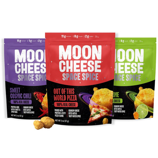 Moon Cheese Space Spice, Sortenpaket, Knuspriger, proteinreicher Käsesnack, Keto-freundlich, 100% echter Käse, Low Carb, glutenfrei, wenig Zucker, 2-Unzen-Beutel (3er-Pack, 1 von jeder Sorte)