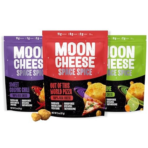 Moon Cheese Space Spice, Sortenpaket, Knuspriger, proteinreicher Käsesnack, Keto-freundlich, 100% echter Käse, Low Carb, glutenfrei, wenig Zucker, 2-Unzen-Beutel (3er-Pack, 1 von jeder Sorte)