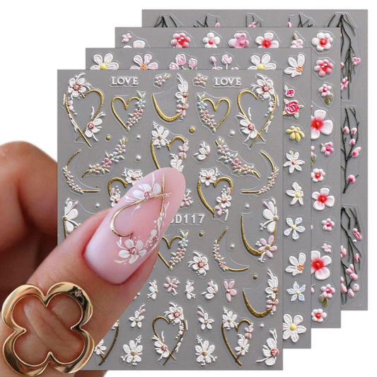 JMEOWIO 3D-Embossierte Blumen-Nagelkunst-Aufkleber – 4 Bögen selbstklebende 5D-Frühlings-Sommer-Floral-Nageldesign-Dekorationen