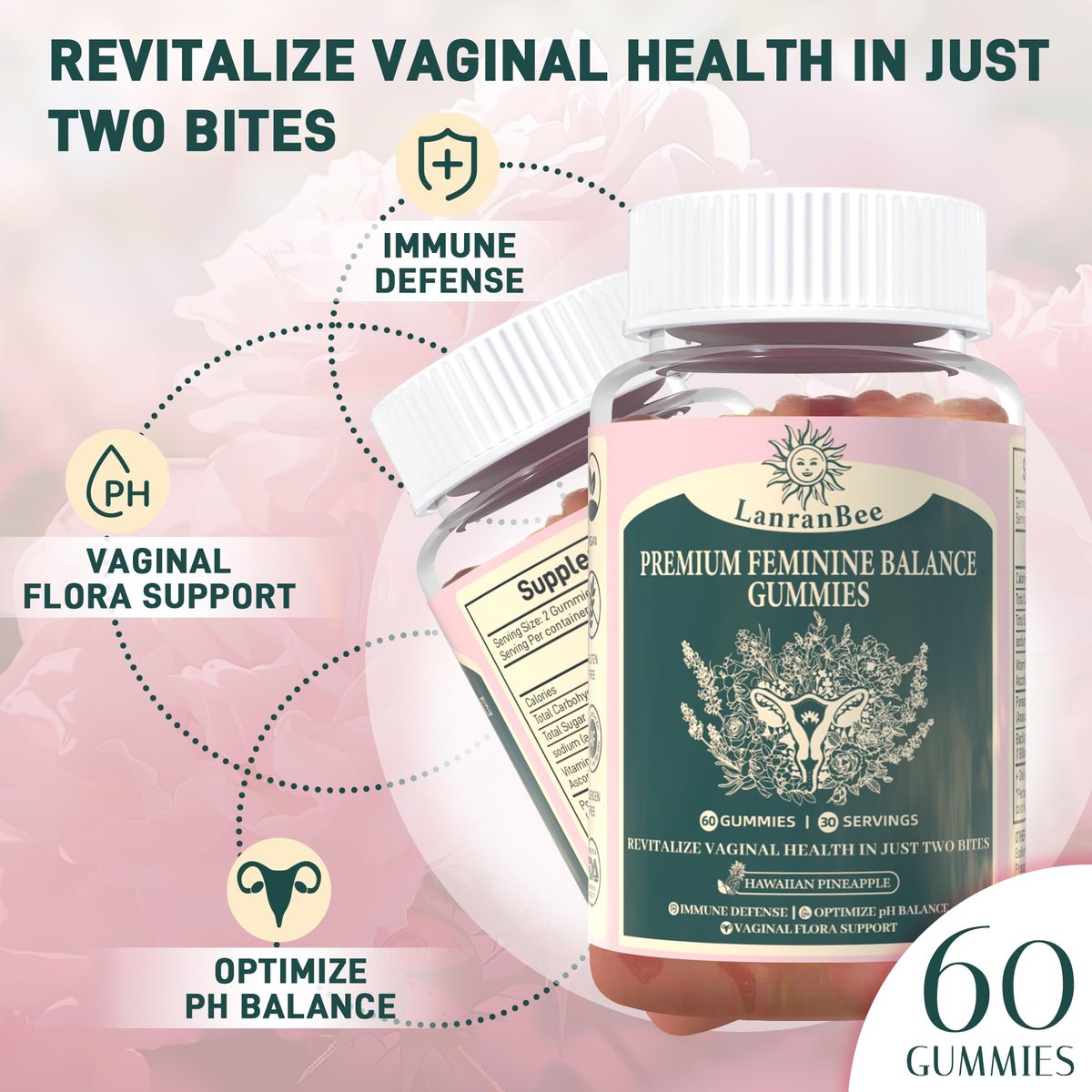 Premium Feminine Balance Gummies – Vaginal Probiotic für die pH-Balance und Gesundheit der Frau – Immununterstützung – Vegan, glutenfrei & halal – Hawaiianische Ananas – 60 Gummis – 30 Portionen
