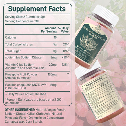 Premium Feminine Balance Gummies – Vaginal Probiotic für die pH-Balance und Gesundheit der Frau – Immununterstützung – Vegan, glutenfrei & halal – Hawaiianische Ananas – 60 Gummis – 30 Portionen