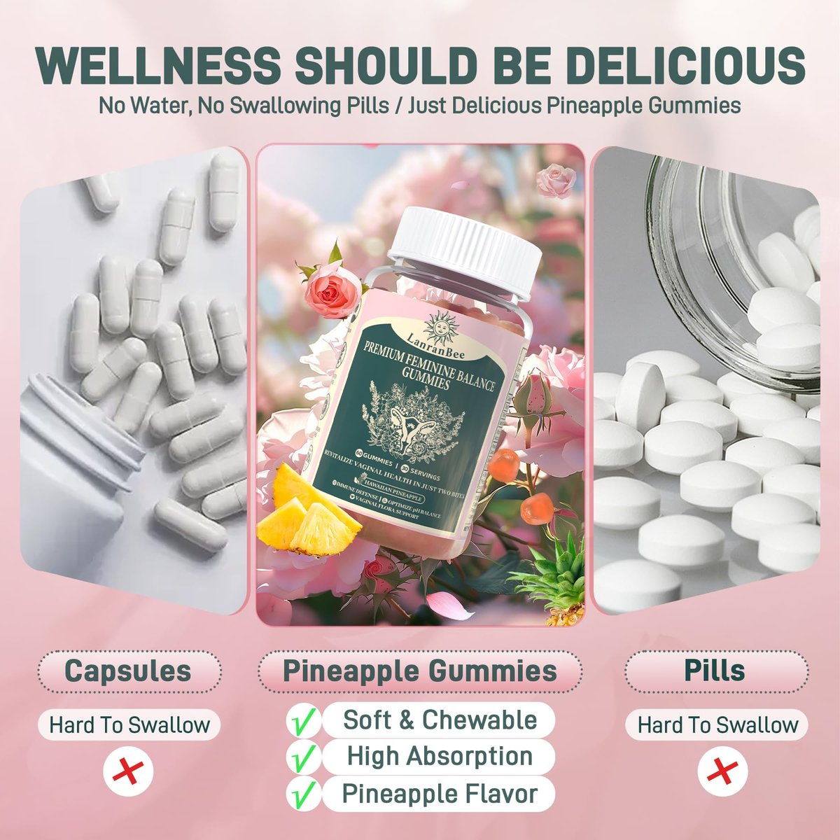 Premium Feminine Balance Gummies – Vaginal Probiotic für die pH-Balance und Gesundheit der Frau – Immununterstützung – Vegan, glutenfrei & halal – Hawaiianische Ananas – 60 Gummis – 30 Portionen