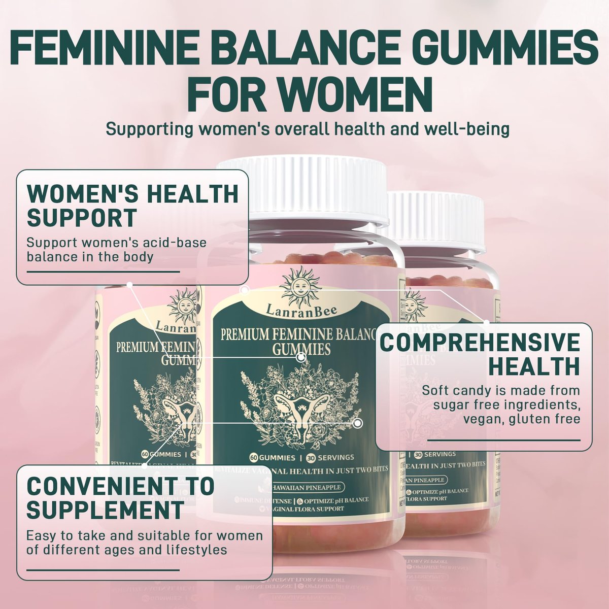 Premium Feminine Balance Gummies – Vaginal Probiotic für die pH-Balance und Gesundheit der Frau – Immununterstützung – Vegan, glutenfrei & halal – Hawaiianische Ananas – 60 Gummis – 30 Portionen