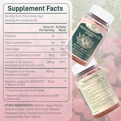 Premium Feminine Balance Gummies – Vaginal Probiotic für die pH-Balance und Gesundheit der Frau – Immununterstützung – Vegan, glutenfrei & halal – Hawaiianische Ananas – 60 Gummis – 30 Portionen