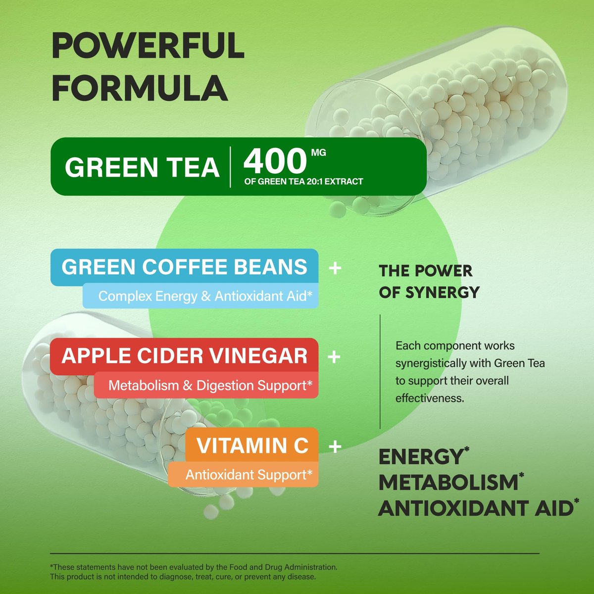 Grüner Tee Extrakt - 50% EGCG, extra starkes 20:1 Extrakt - Natürliches Grüner Tee Supplement + Grüne Kaffeebohnen & Apfelessig - Energie- & Stoffwechselunterstützung - für Männer & Frauen - Vegan 120 Kapseln