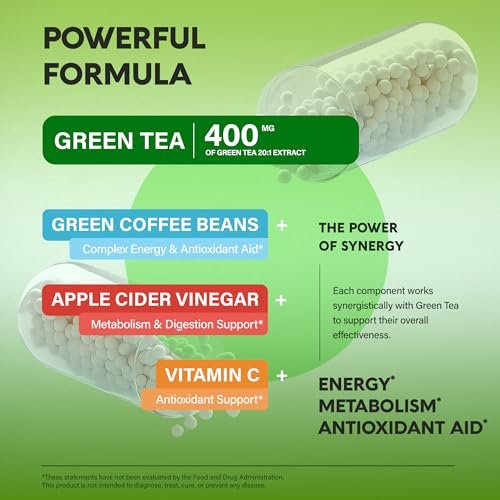 Grüner Tee Extrakt - 50% EGCG, extra starkes 20:1 Extrakt - Natürliches Grüner Tee Supplement + Grüne Kaffeebohnen & Apfelessig - Energie- & Stoffwechselunterstützung - für Männer & Frauen - Vegan 120 Kapseln