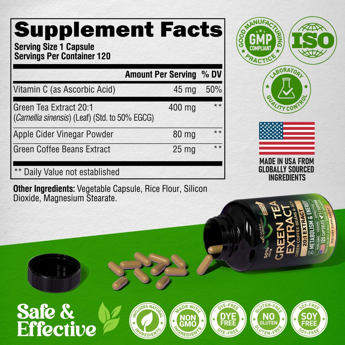 Grüner Tee Extrakt - 50% EGCG, extra starkes 20:1 Extrakt - Natürliches Grüner Tee Supplement + Grüne Kaffeebohnen & Apfelessig - Energie- & Stoffwechselunterstützung - für Männer & Frauen - Vegan 120 Kapseln