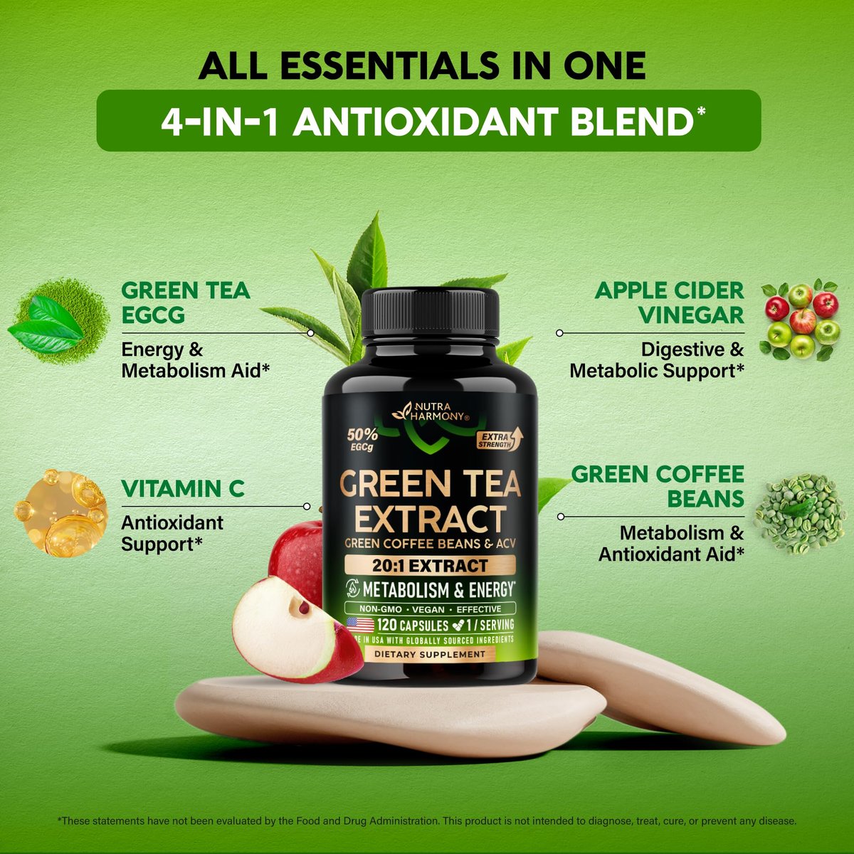 Grüner Tee Extrakt - 50% EGCG, extra starkes 20:1 Extrakt - Natürliches Grüner Tee Supplement + Grüne Kaffeebohnen & Apfelessig - Energie- & Stoffwechselunterstützung - für Männer & Frauen - Vegan 120 Kapseln