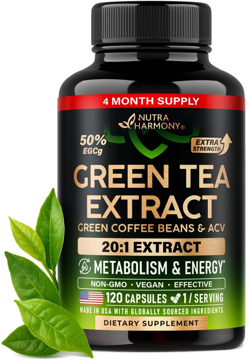 Grüner Tee Extrakt - 50% EGCG, extra starkes 20:1 Extrakt - Natürliches Grüner Tee Supplement + Grüne Kaffeebohnen & Apfelessig - Energie- & Stoffwechselunterstützung - für Männer & Frauen - Vegan 120 Kapseln