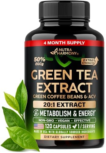 Grüner Tee Extrakt - 50% EGCG, extra starkes 20:1 Extrakt - Natürliches Grüner Tee Supplement + Grüne Kaffeebohnen & Apfelessig - Energie- & Stoffwechselunterstützung - für Männer & Frauen - Vegan 120 Kapseln