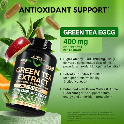 Grüner Tee Extrakt - 50% EGCG, extra starkes 20:1 Extrakt - Natürliches Grüner Tee Supplement + Grüne Kaffeebohnen & Apfelessig - Energie- & Stoffwechselunterstützung - für Männer & Frauen - Vegan 120 Kapseln
