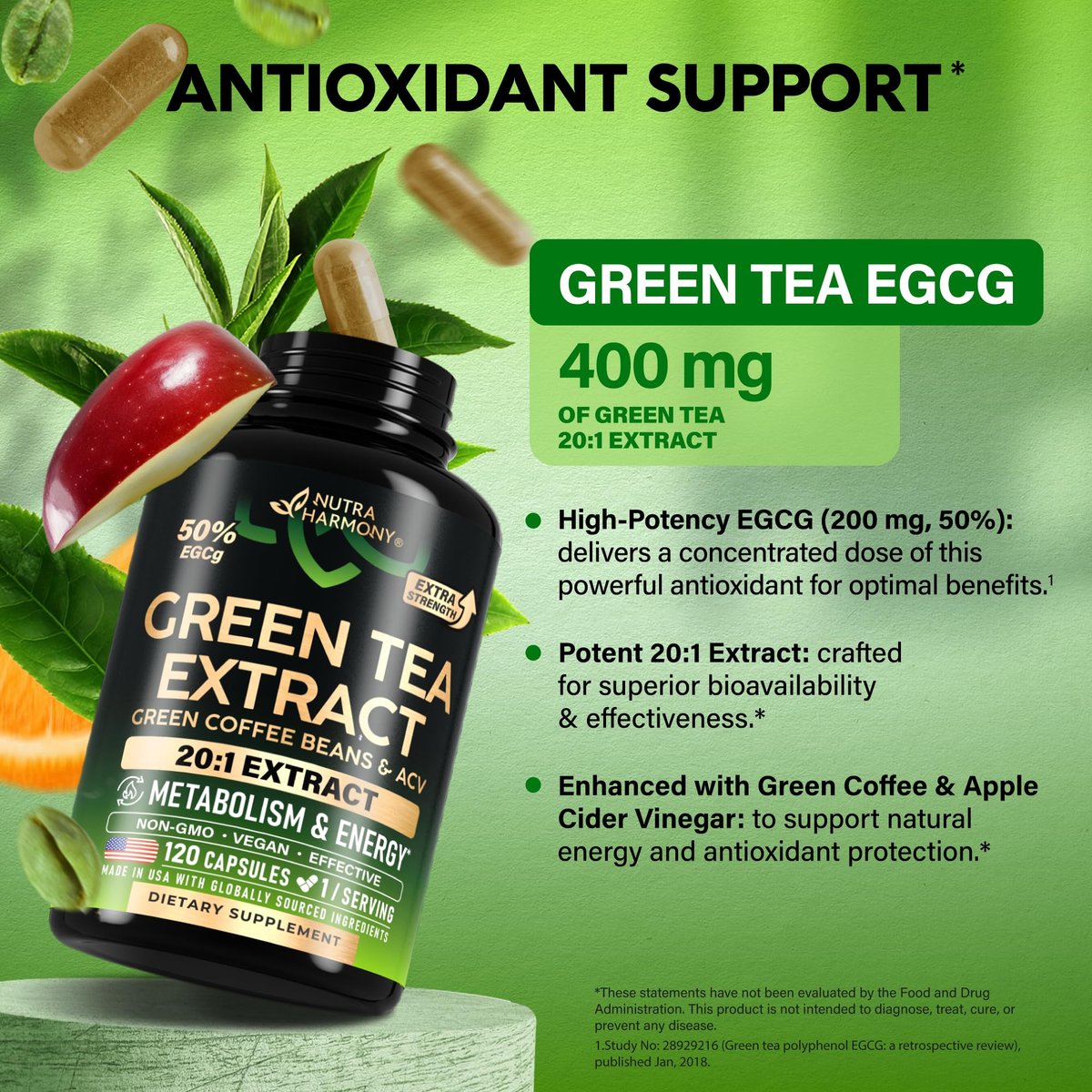 Grüner Tee Extrakt - 50% EGCG, extra starkes 20:1 Extrakt - Natürliches Grüner Tee Supplement + Grüne Kaffeebohnen & Apfelessig - Energie- & Stoffwechselunterstützung - für Männer & Frauen - Vegan 120 Kapseln