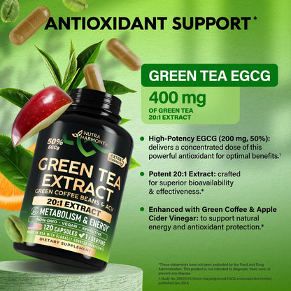 Grüner Tee Extrakt - 50% EGCG, extra starkes 20:1 Extrakt - Natürliches Grüner Tee Supplement + Grüne Kaffeebohnen & Apfelessig - Energie- & Stoffwechselunterstützung - für Männer & Frauen - Vegan 120 Kapseln