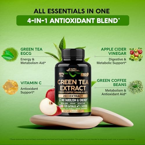 Grüner Tee Extrakt - 50% EGCG, extra starkes 20:1 Extrakt - Natürliches Grüner Tee Supplement + Grüne Kaffeebohnen & Apfelessig - Energie- & Stoffwechselunterstützung - für Männer & Frauen - Vegan 120 Kapseln