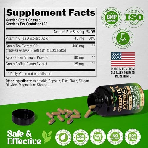 Grüner Tee Extrakt - 50% EGCG, extra starkes 20:1 Extrakt - Natürliches Grüner Tee Supplement + Grüne Kaffeebohnen & Apfelessig - Energie- & Stoffwechselunterstützung - für Männer & Frauen - Vegan 120 Kapseln