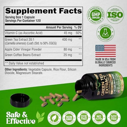 Grüner Tee Extrakt - 50% EGCG, extra starkes 20:1 Extrakt - Natürliches Grüner Tee Supplement + Grüne Kaffeebohnen & Apfelessig - Energie- & Stoffwechselunterstützung - für Männer & Frauen - Vegan 120 Kapseln