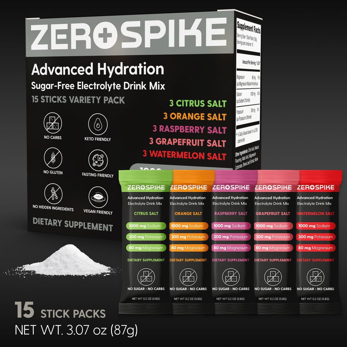 Zerospike No Sugar Electrolytes Powder Packets | Keto & Fasten Salze Getränkepulver | Schlüssel-Hydrations-Nährstoffe für gereinigtes Wasser | Clean, Geschmackspaket, Kalorienfrei | 15 Sticks