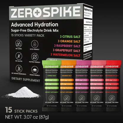 Zerospike No Sugar Electrolytes Powder Packets | Keto & Fasten Salze Getränkepulver | Schlüssel-Hydrations-Nährstoffe für gereinigtes Wasser | Clean, Geschmackspaket, Kalorienfrei | 15 Sticks