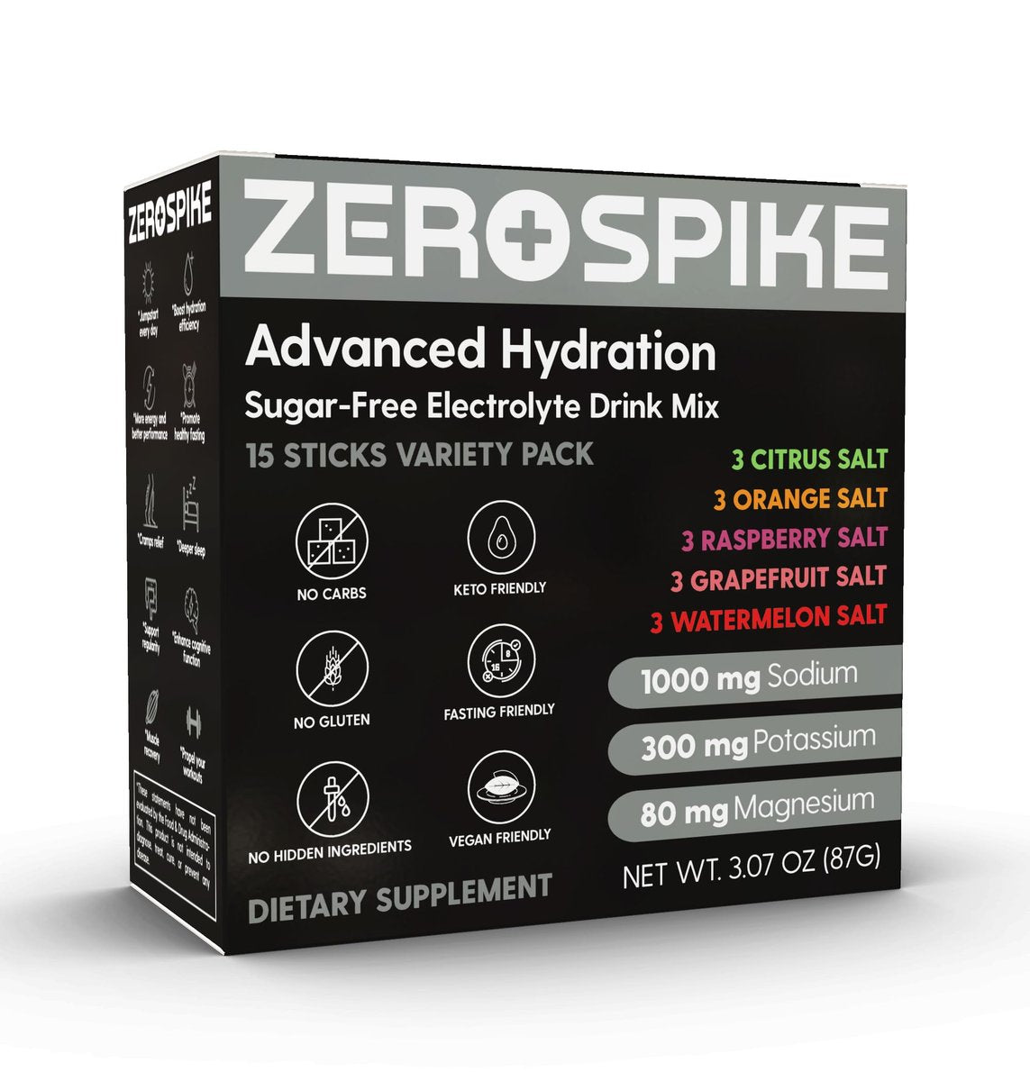 Zerospike No Sugar Electrolytes Powder Packets | Keto & Fasten Salze Getränkepulver | Schlüssel-Hydrations-Nährstoffe für gereinigtes Wasser | Clean, Geschmackspaket, Kalorienfrei | 15 Sticks