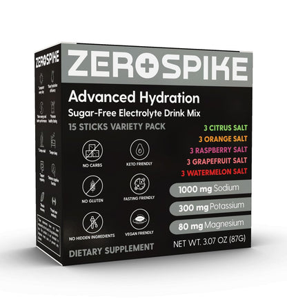 Zerospike No Sugar Electrolytes Powder Packets | Keto & Fasten Salze Getränkepulver | Schlüssel-Hydrations-Nährstoffe für gereinigtes Wasser | Clean, Geschmackspaket, Kalorienfrei | 15 Sticks