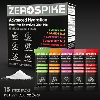 Zerospike No Sugar Electrolytes Powder Packets | Keto & Fasten Salze Getränkepulver | Schlüssel-Hydrations-Nährstoffe für gereinigtes Wasser | Clean, Geschmackspaket, Kalorienfrei | 15 Sticks