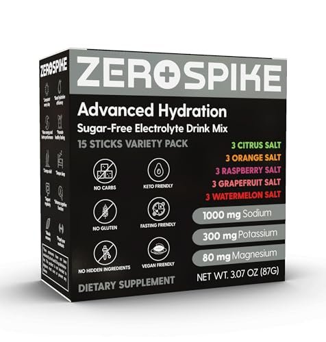 Zerospike No Sugar Electrolytes Powder Packets | Keto & Fasten Salze Getränkepulver | Schlüssel-Hydrations-Nährstoffe für gereinigtes Wasser | Clean, Geschmackspaket, Kalorienfrei | 15 Sticks
