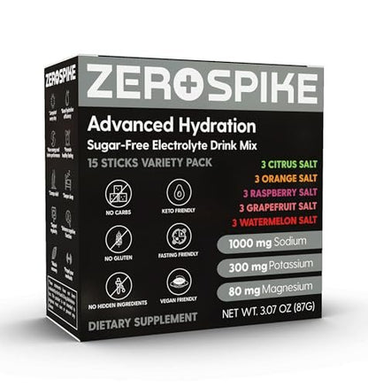 Zerospike No Sugar Electrolytes Powder Packets | Keto & Fasten Salze Getränkepulver | Schlüssel-Hydrations-Nährstoffe für gereinigtes Wasser | Clean, Geschmackspaket, Kalorienfrei | 15 Sticks