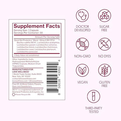 Love Wellness Good Girl Probiotics | Damen Vaginalgesundheit & pH-Balance | 9-Stämme Probiotikum für Harnwege, Hefepilze, Geruch & Immununterstützung | Glutenfrei (30-Tage-Vorrat)