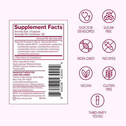 Love Wellness Good Girl Probiotics | Damen Vaginalgesundheit & pH-Balance | 9-Stämme Probiotikum für Harnwege, Hefepilze, Geruch & Immununterstützung | Glutenfrei (30-Tage-Vorrat)