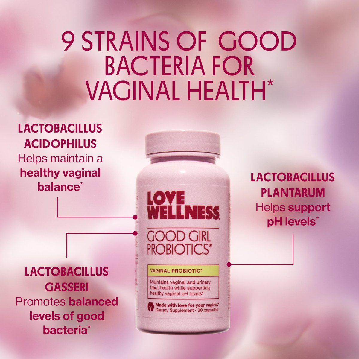 Love Wellness Good Girl Probiotics | Damen Vaginalgesundheit & pH-Balance | 9-Stämme Probiotikum für Harnwege, Hefepilze, Geruch & Immununterstützung | Glutenfrei (30-Tage-Vorrat)