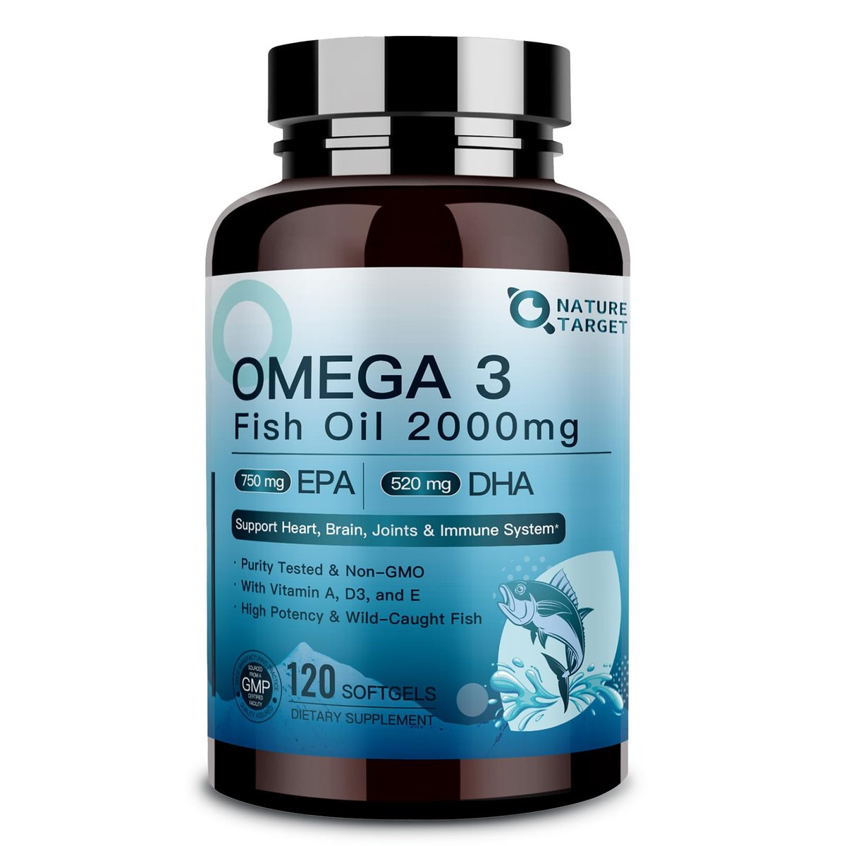 NATURE TARGET Omega 3 Fischöl 2000mg Weichkapseln mit Vitamin D3, E & A – EPA & DHA – Maximale Absorption, Unterstützt Herz-, Gehirn- und Immunsystem, Nicht-GMO, 120 Weichkapseln
