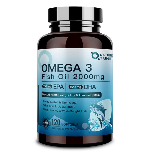 NATURE TARGET Omega 3 Fischöl 2000mg Weichkapseln mit Vitamin D3, E & A – EPA & DHA – Maximale Absorption, Unterstützt Herz-, Gehirn- und Immunsystem, Nicht-GMO, 120 Weichkapseln