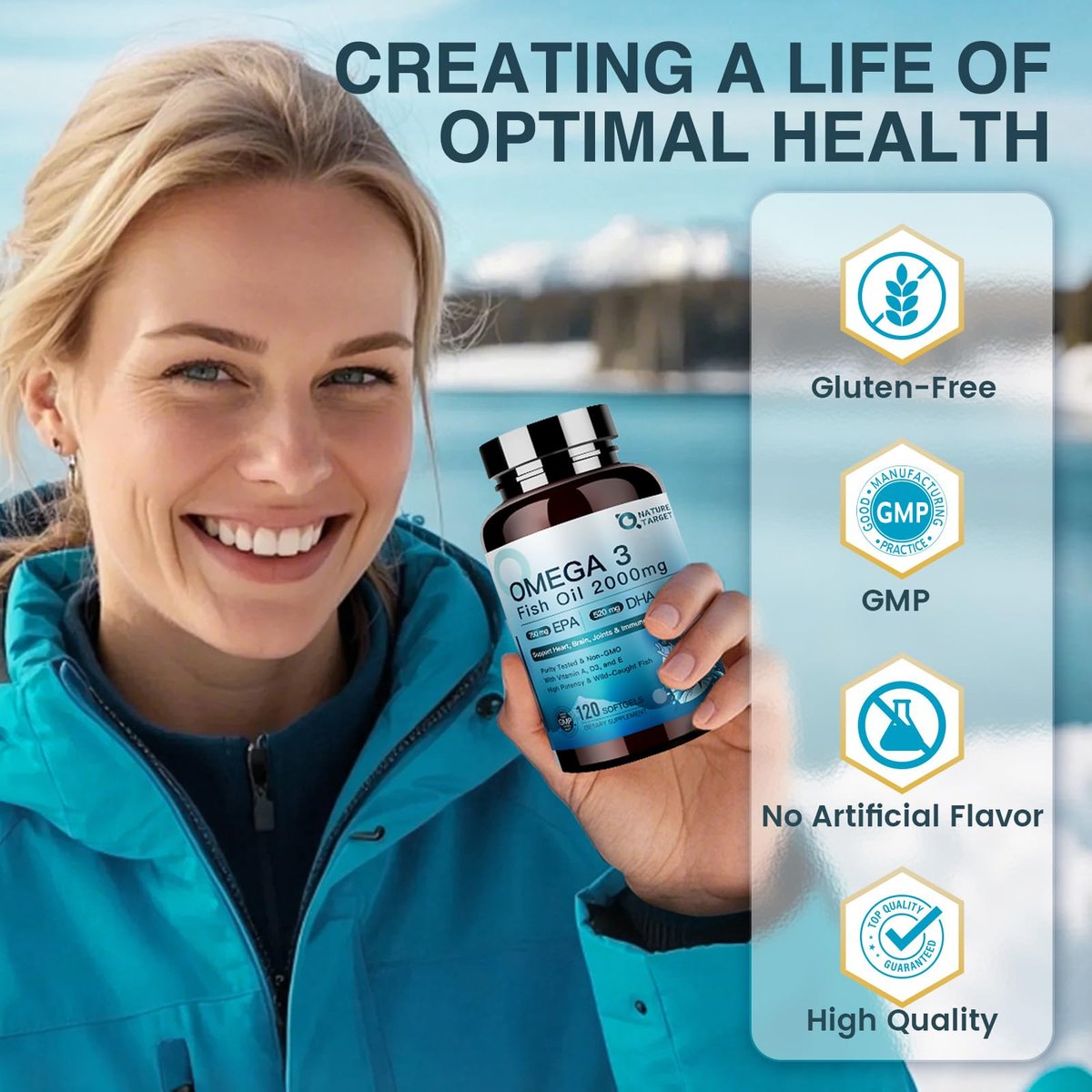 NATURE TARGET Omega 3 Fischöl 2000mg Weichkapseln mit Vitamin D3, E & A – EPA & DHA – Maximale Absorption, Unterstützt Herz-, Gehirn- und Immunsystem, Nicht-GMO, 120 Weichkapseln