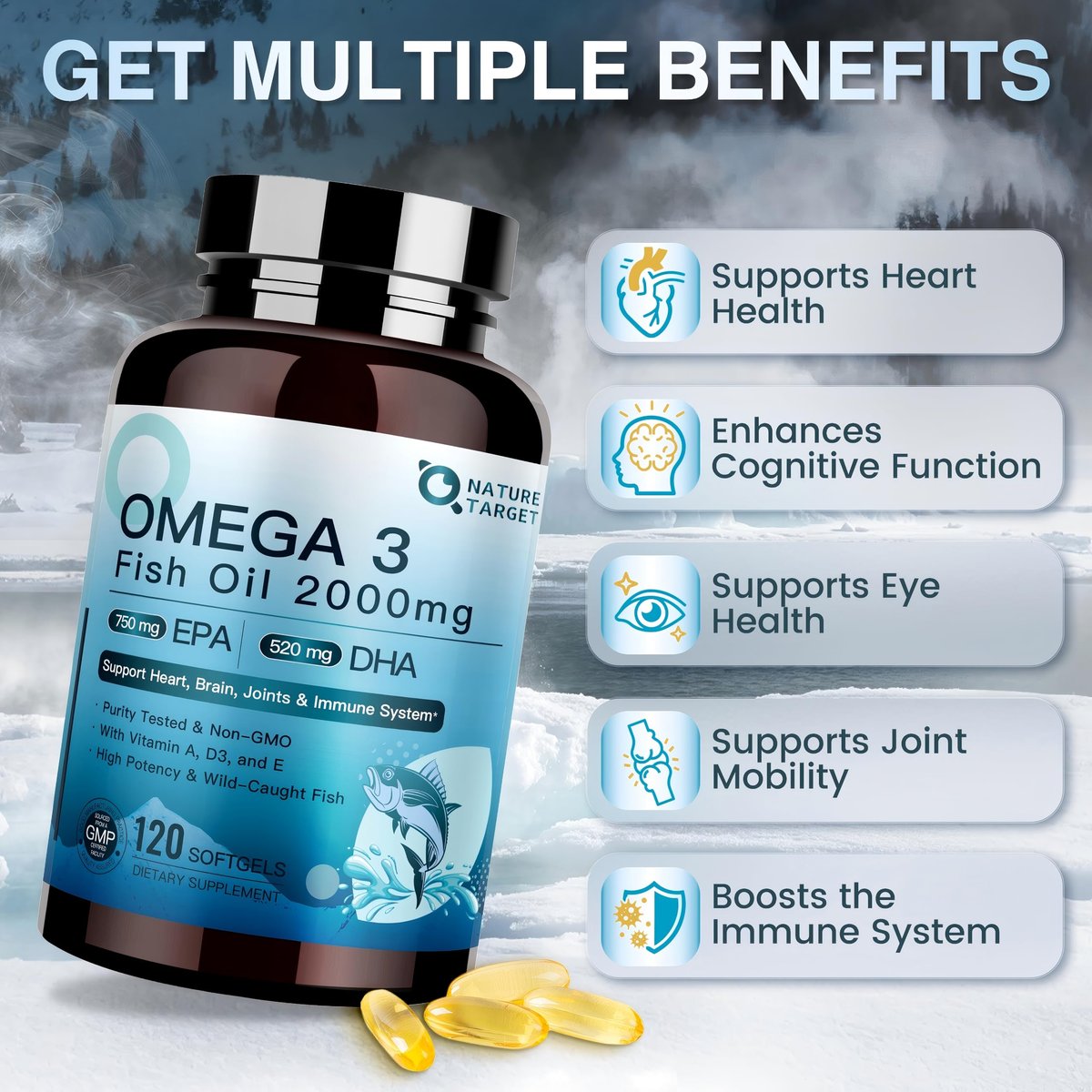 NATURE TARGET Omega 3 Fischöl 2000mg Weichkapseln mit Vitamin D3, E & A – EPA & DHA – Maximale Absorption, Unterstützt Herz-, Gehirn- und Immunsystem, Nicht-GMO, 120 Weichkapseln