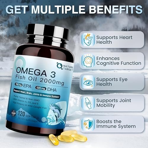 NATURE TARGET Omega 3 Fischöl 2000mg Weichkapseln mit Vitamin D3, E & A – EPA & DHA – Maximale Absorption, Unterstützt Herz-, Gehirn- und Immunsystem, Nicht-GMO, 120 Weichkapseln