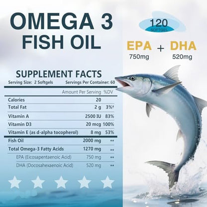 NATURE TARGET Omega 3 Fischöl 2000mg Weichkapseln mit Vitamin D3, E & A – EPA & DHA – Maximale Absorption, Unterstützt Herz-, Gehirn- und Immunsystem, Nicht-GMO, 120 Weichkapseln