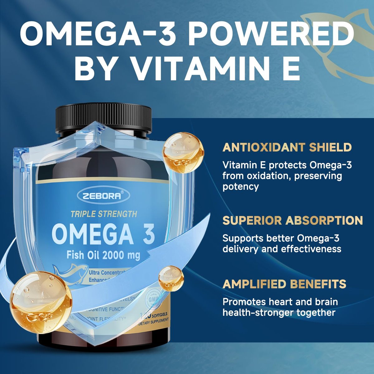 Triple Strength Omega-3 Fischöl 2000 mg mit Vitamin E – Hochpotente EPA-, DHA- und DPA-Fettsäuren – Unterstützt Herz, Gehirn, Augen, Haut und Immunsystem – Non-GMO, 120 Softgel-Kapseln