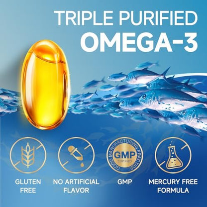Triple Strength Omega-3 Fischöl 2000 mg mit Vitamin E – Hochpotente EPA-, DHA- und DPA-Fettsäuren – Unterstützt Herz, Gehirn, Augen, Haut und Immunsystem – Non-GMO, 120 Softgel-Kapseln