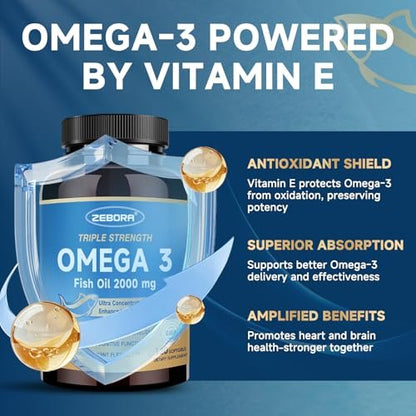 Triple Strength Omega-3 Fischöl 2000 mg mit Vitamin E – Hochpotente EPA-, DHA- und DPA-Fettsäuren – Unterstützt Herz, Gehirn, Augen, Haut und Immunsystem – Non-GMO, 120 Softgel-Kapseln