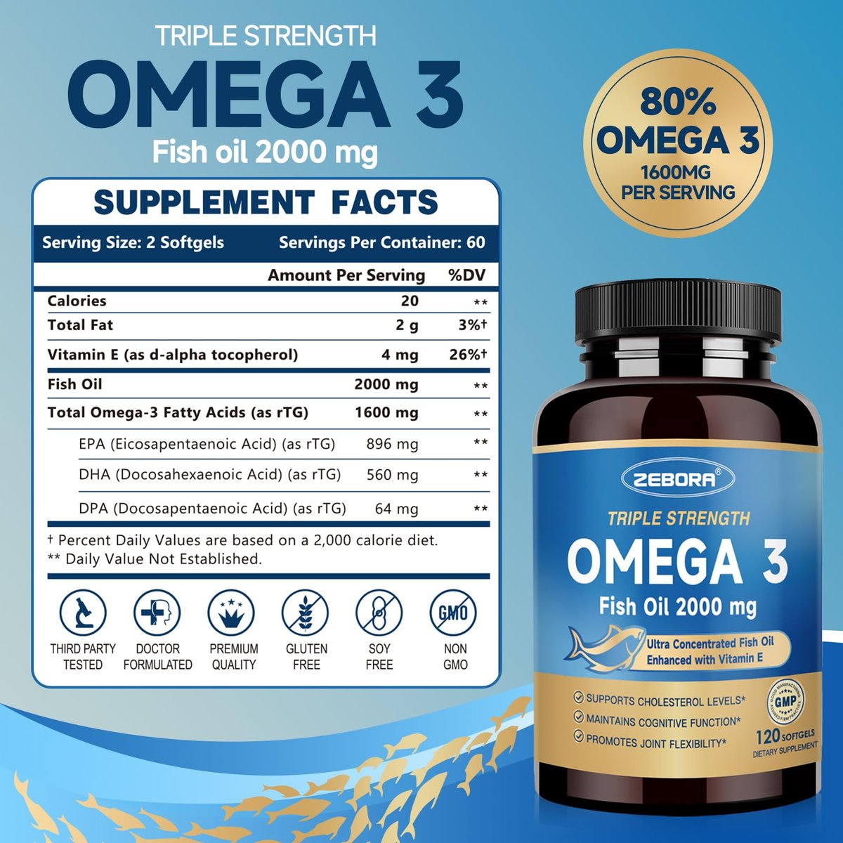Triple Strength Omega-3 Fischöl 2000 mg mit Vitamin E – Hochpotente EPA-, DHA- und DPA-Fettsäuren – Unterstützt Herz, Gehirn, Augen, Haut und Immunsystem – Non-GMO, 120 Softgel-Kapseln