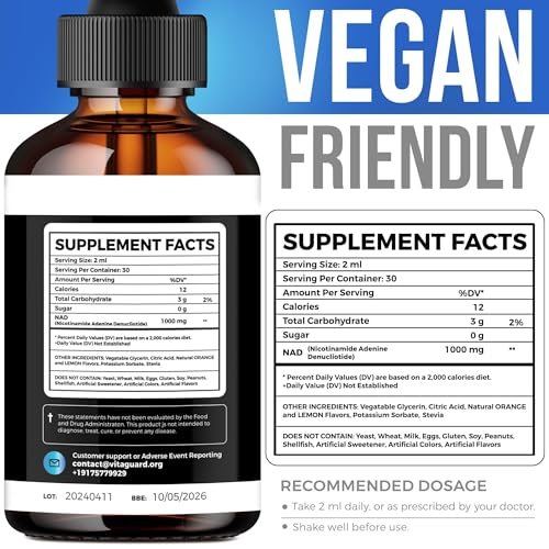 Vita Guard Pure NAD+ Nahrungsergänzungsmittel 1000mg flüssige Tropfen für Frauen und Männer | Nicotinamid-Adenin ähnlich wie Nicotinamid-Ribosid NAD Plus Booster – natürlicher Zitronen- und Orangen-Geschmack