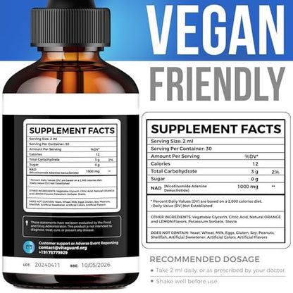 Vita Guard Pure NAD+ Nahrungsergänzungsmittel 1000mg flüssige Tropfen für Frauen und Männer | Nicotinamid-Adenin ähnlich wie Nicotinamid-Ribosid NAD Plus Booster – natürlicher Zitronen- und Orangen-Geschmack